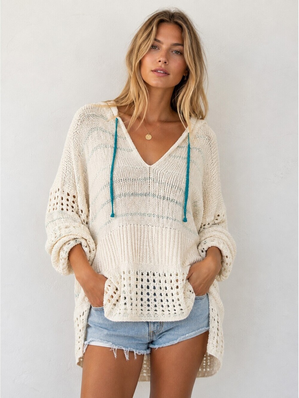 Free People Ivory Hooded Open Knit Oversized Sweater Women’s L Boho